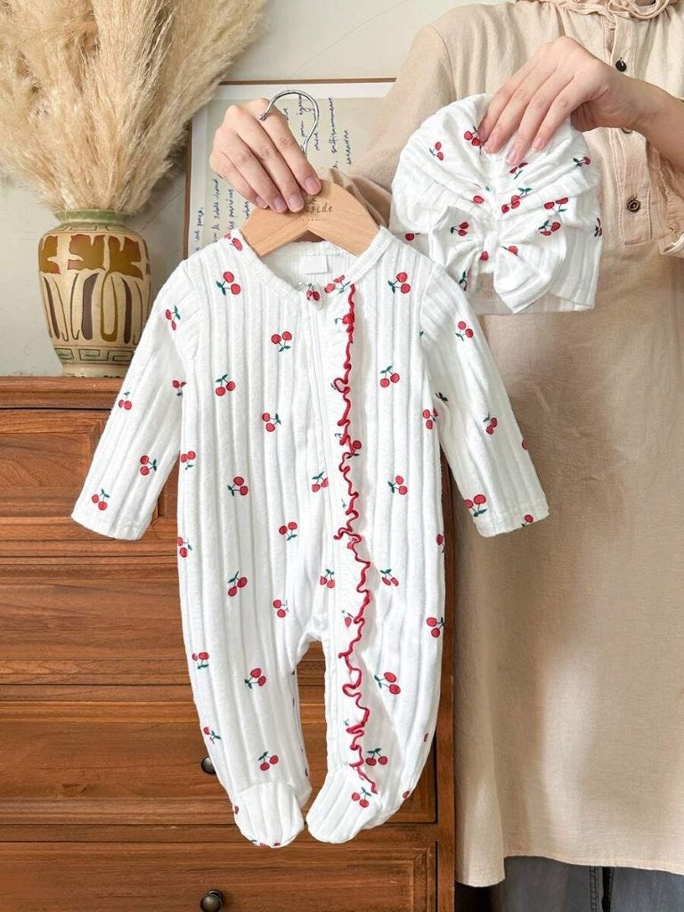 Baby Frilled Cherry Jumpsuit With Bow Turban Hat
