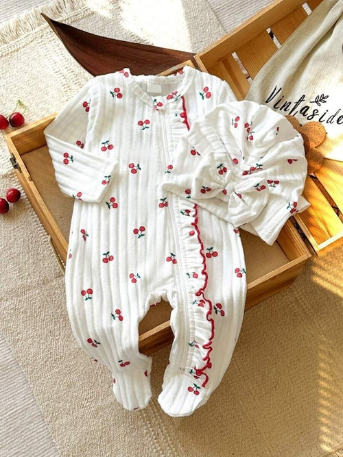 Baby Frilled Cherry Jumpsuit With Bow Turban Hat