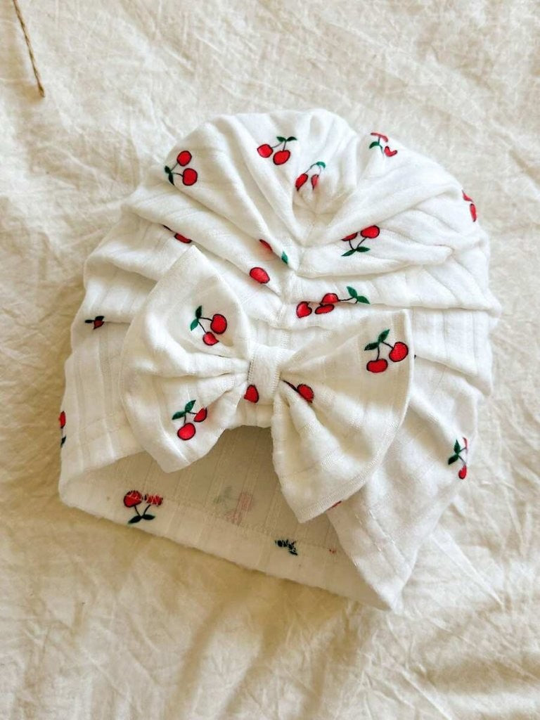 Baby Frilled Cherry Jumpsuit With Bow Turban Hat
