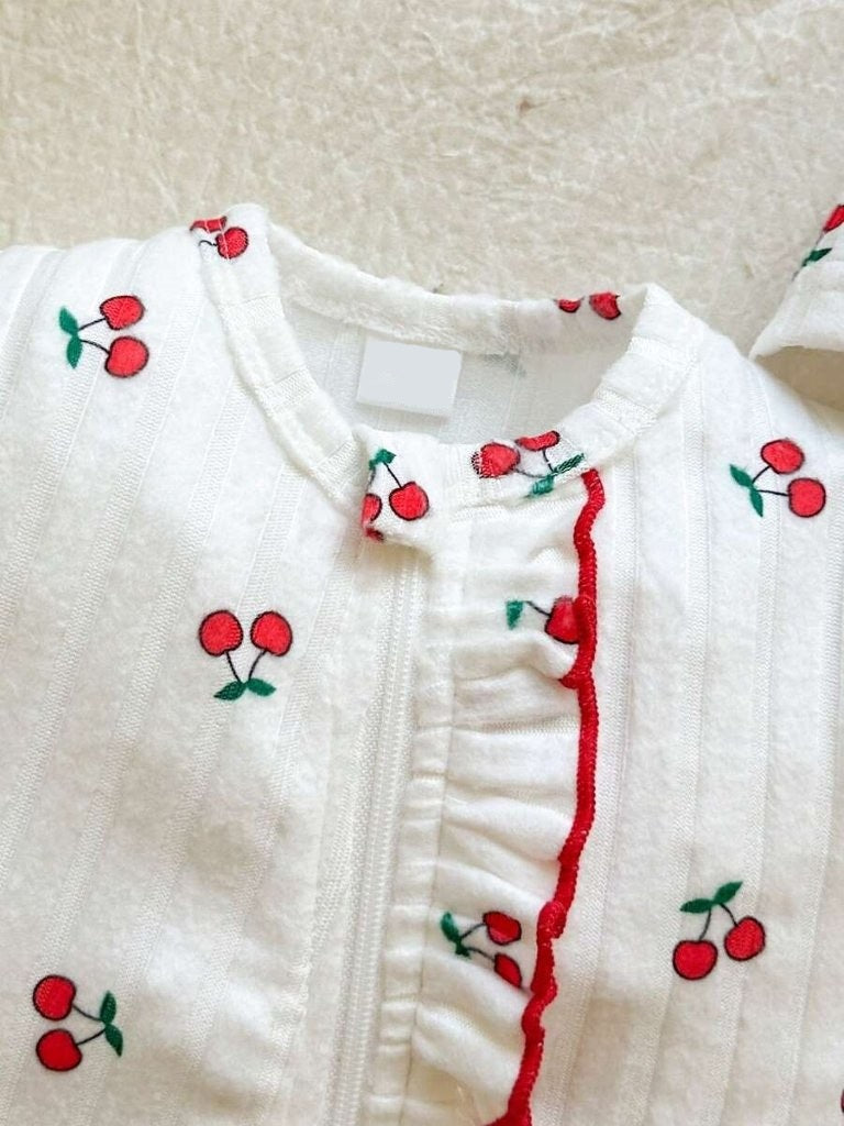 Baby Frilled Cherry Jumpsuit With Bow Turban Hat