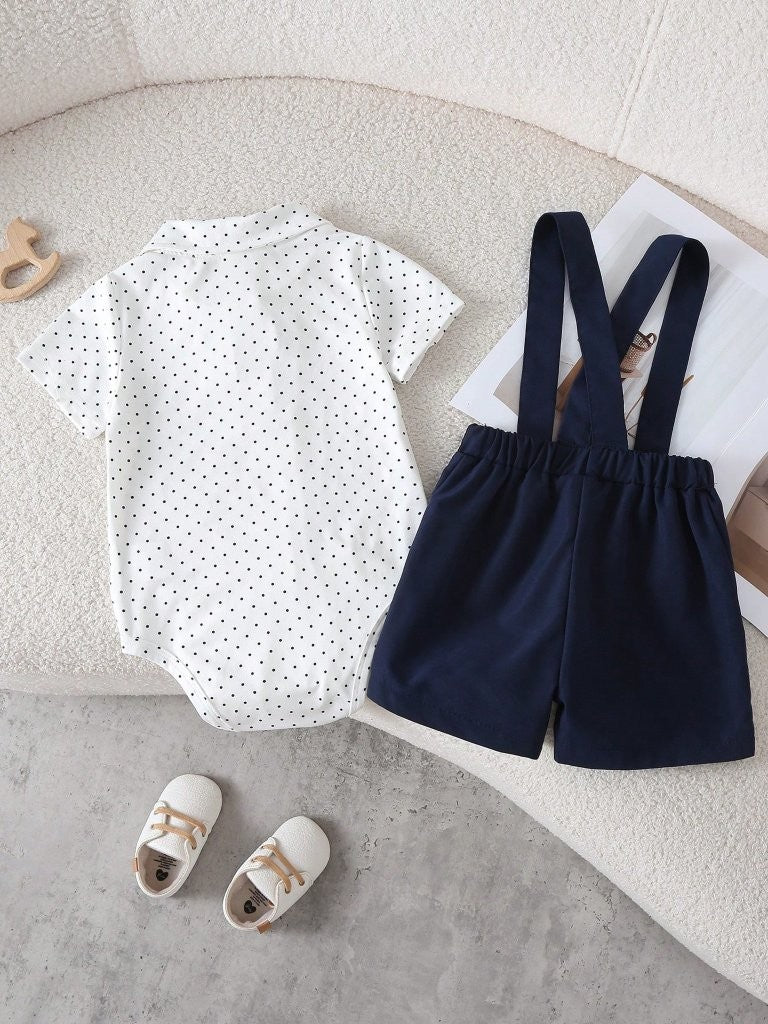 Baby Navy Blue Polka Dot Bow Tie Bodysuit And Shorts Set