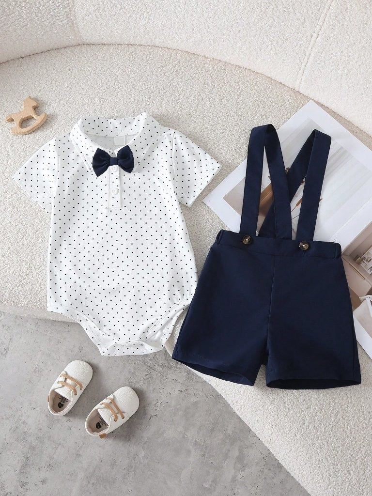 Baby Navy Blue Polka Dot Bow Tie Bodysuit And Shorts Set