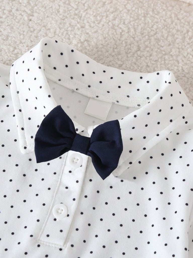Baby Navy Blue Polka Dot Bow Tie Bodysuit And Shorts Set