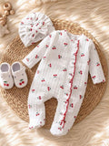 Baby Frilled Cherry Jumpsuit With Bow Turban Hat