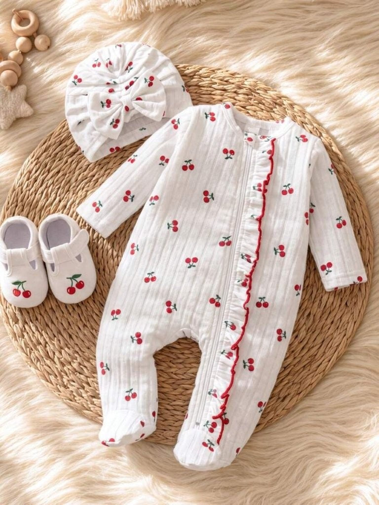 Baby Frilled Cherry Jumpsuit With Bow Turban Hat