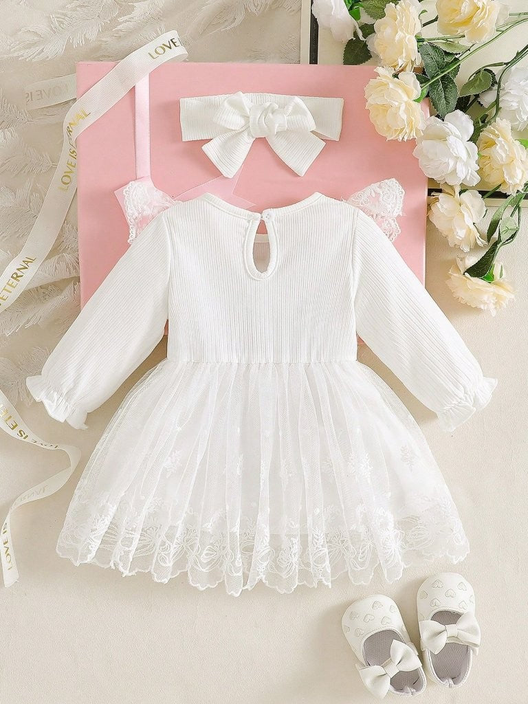 Baby Pure White Lace Trim Long Sleeve Dress With Headband