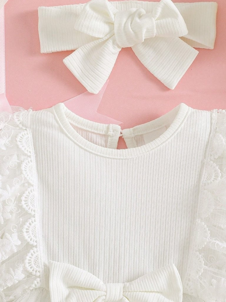 Baby Pure White Lace Trim Long Sleeve Dress With Headband