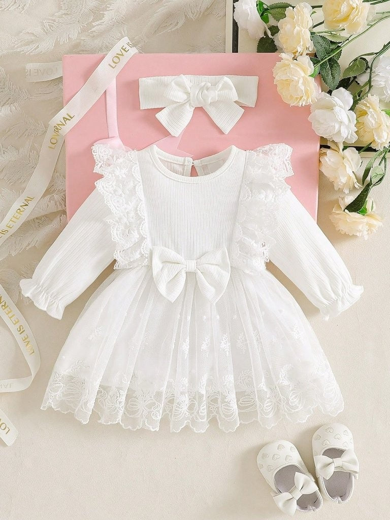 Baby Pure White Lace Trim Long Sleeve Dress With Headband