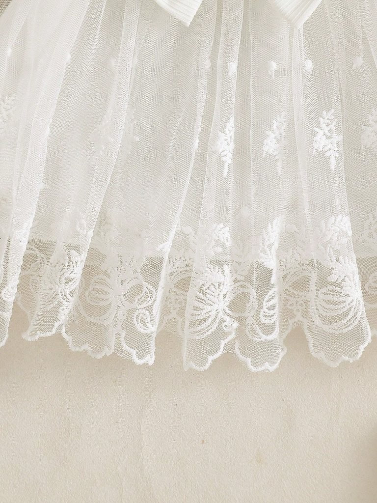 Baby Pure White Lace Trim Long Sleeve Dress With Headband