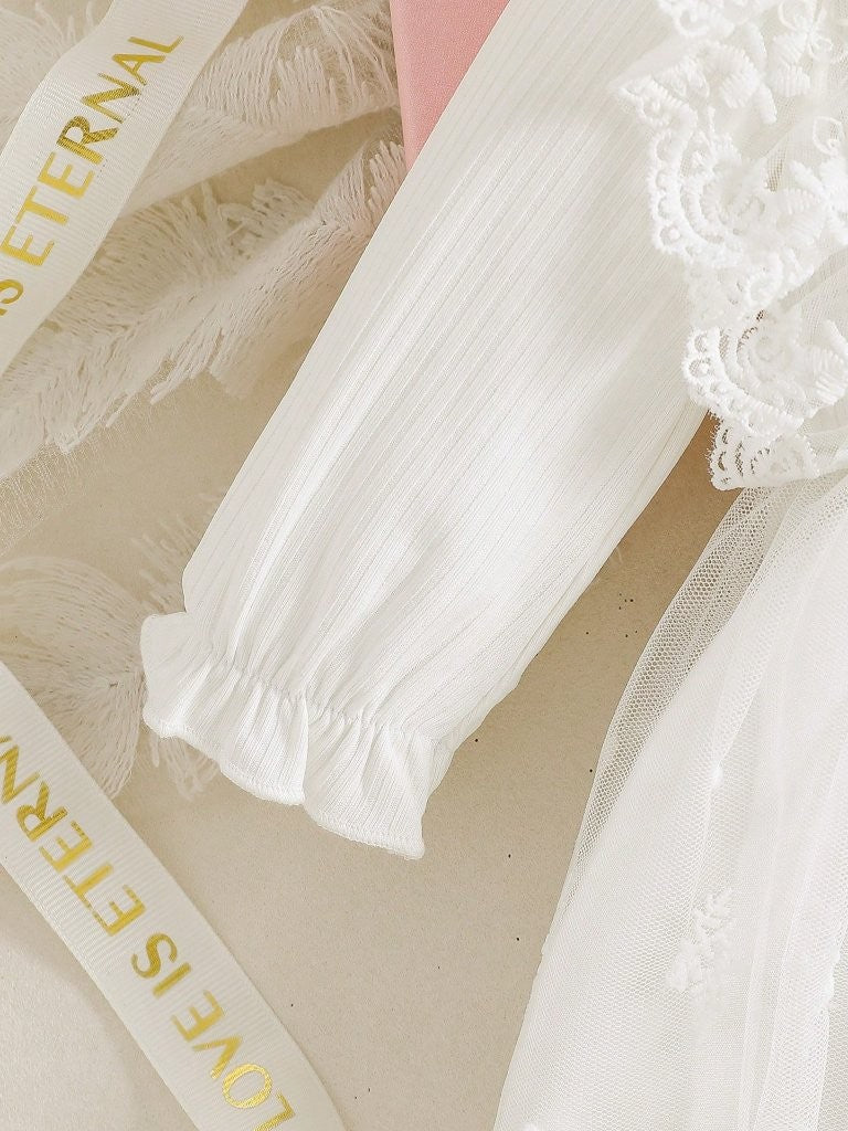Baby Pure White Lace Trim Long Sleeve Dress With Headband