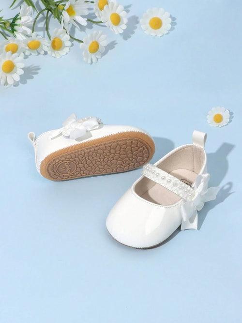 Baby White Pearl Strap Bow Shoes
