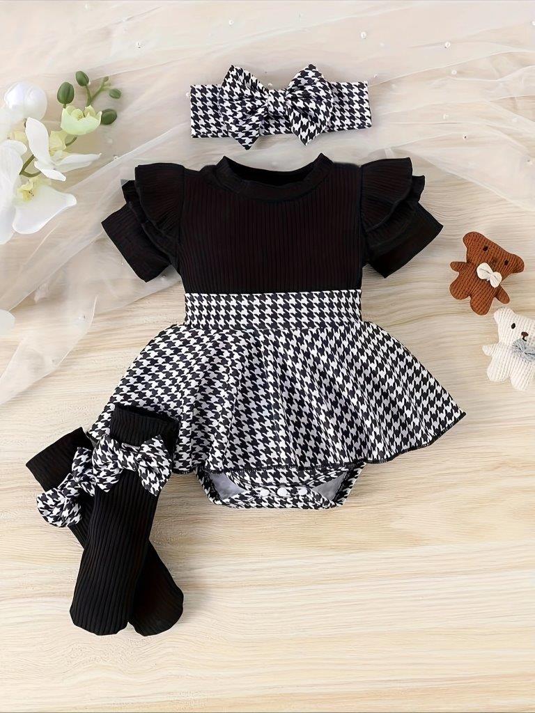 Baby 3 Piece Black And White Short Sleeve Bodysuit Dress Set