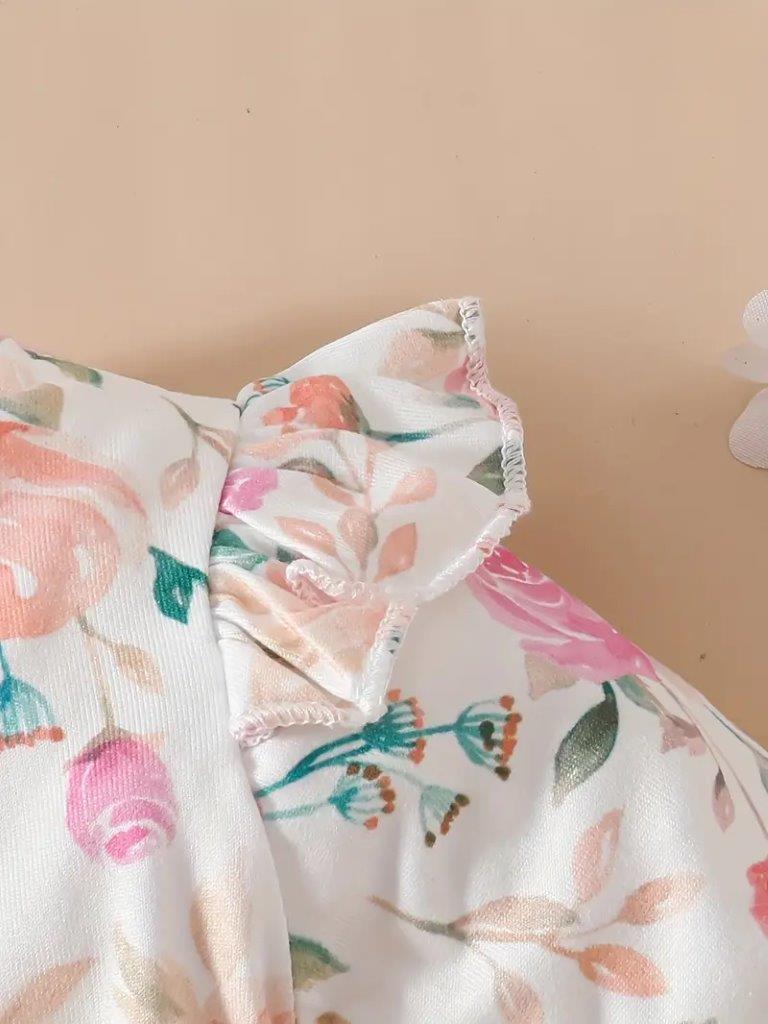 Baby Floral Print Ruffle Sleeve Mesh Dress