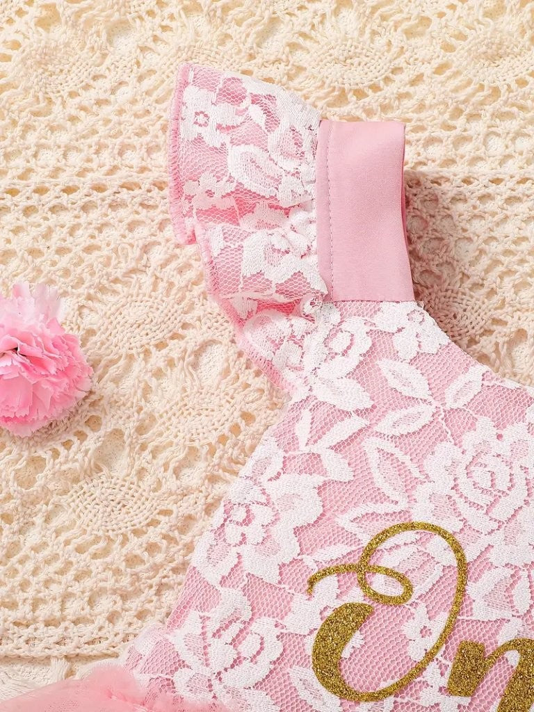 Baby Lace Bow One Year Old Birthday Romper Pink