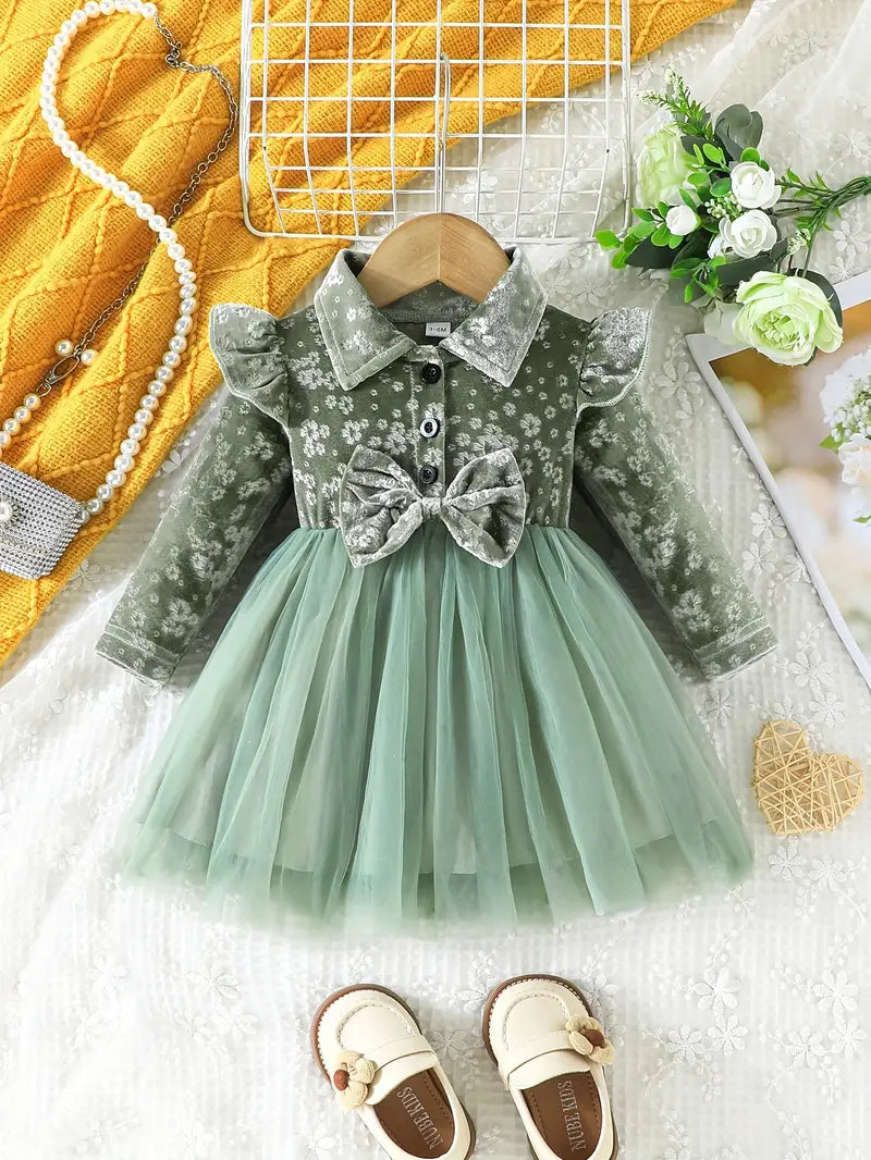 Baby Front Bow Flower Pattern Velvet Dress Green