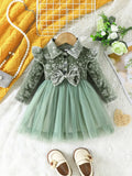 Baby Front Bow Flower Pattern Velvet Dress Green