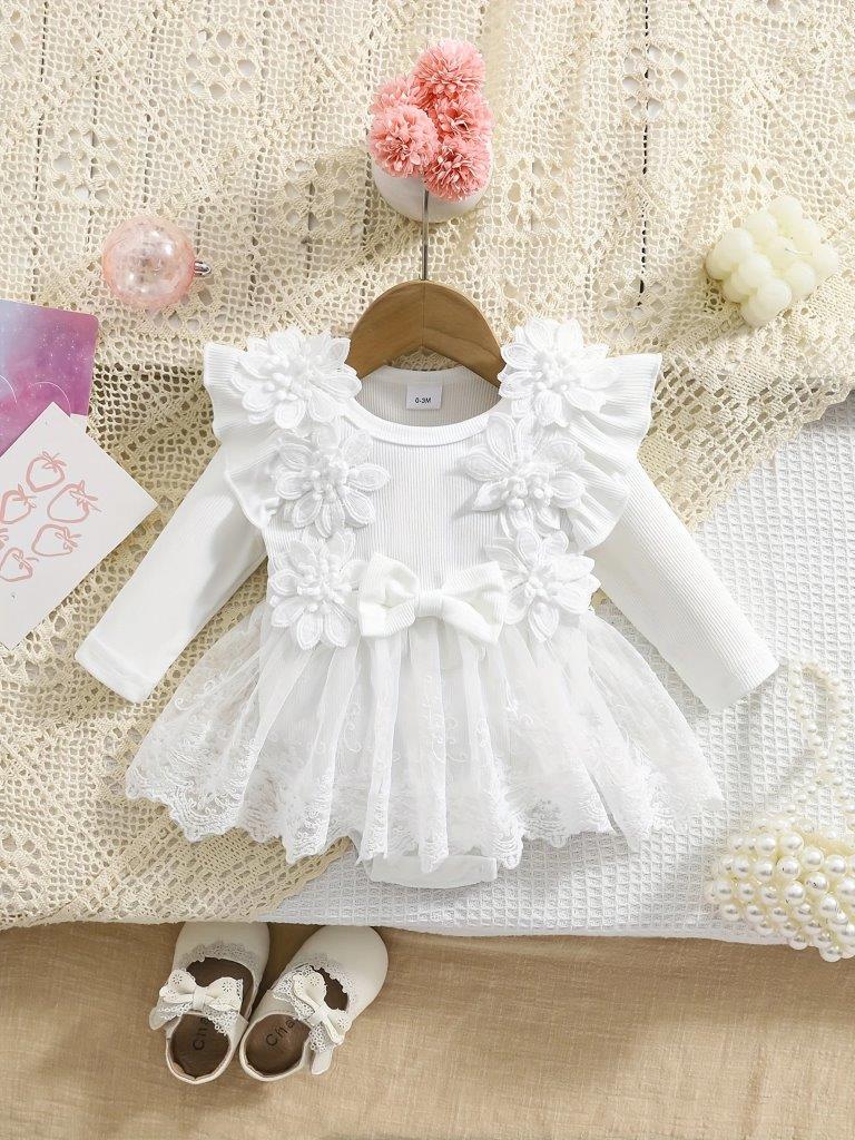 Baby White Lace Trim Bodysuit Dress
