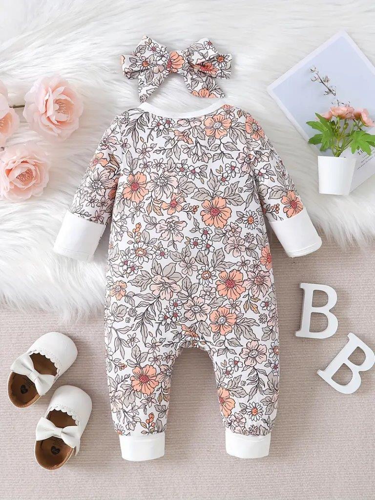 Baby Floral Print Jumpsuit With Headband