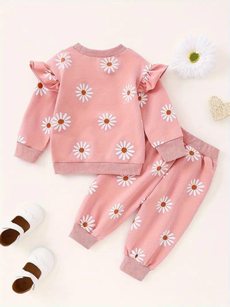 Baby Pink Daisy Ruffle Sleeve Pullover And Pants Set