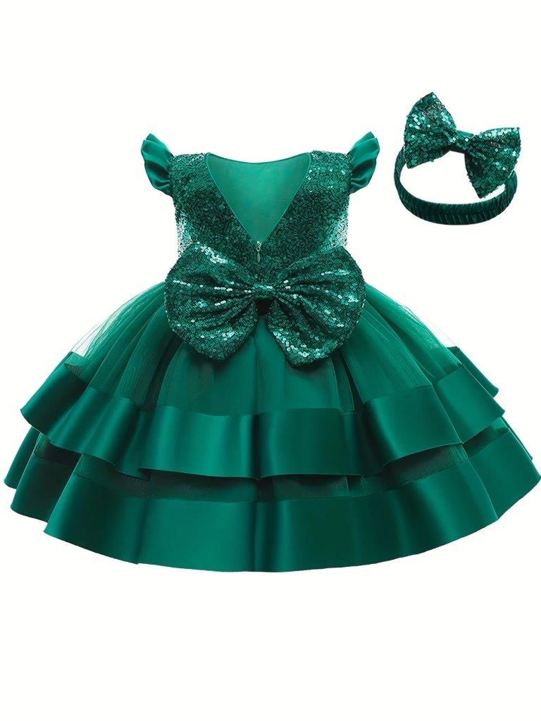 Baby Green Sequin Bow Princess Dress With Headband
