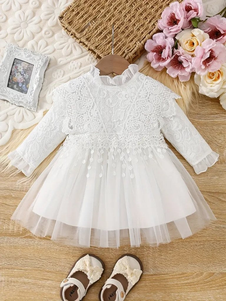 Baby Elegant Ruffle Collar Lace Long Sleeve Dress White
