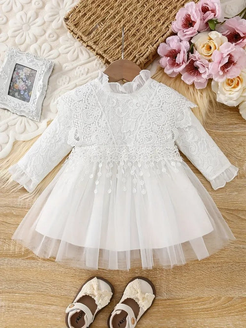 Baby Elegant Ruffle Collar Lace Long Sleeve Dress White