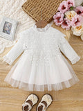 Baby Elegant Ruffle Collar Lace Long Sleeve Dress White
