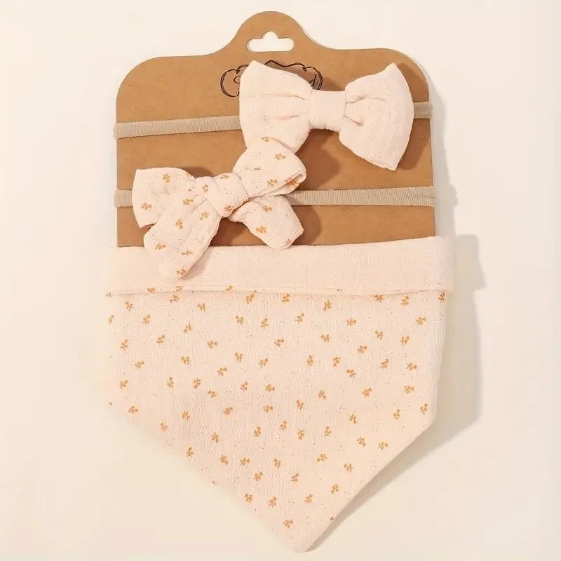 Baby Reversable Bandana Peach Bib With 2 Piece Headband Set