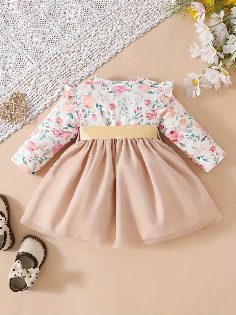 Baby Floral Print Ruffle Sleeve Mesh Dress