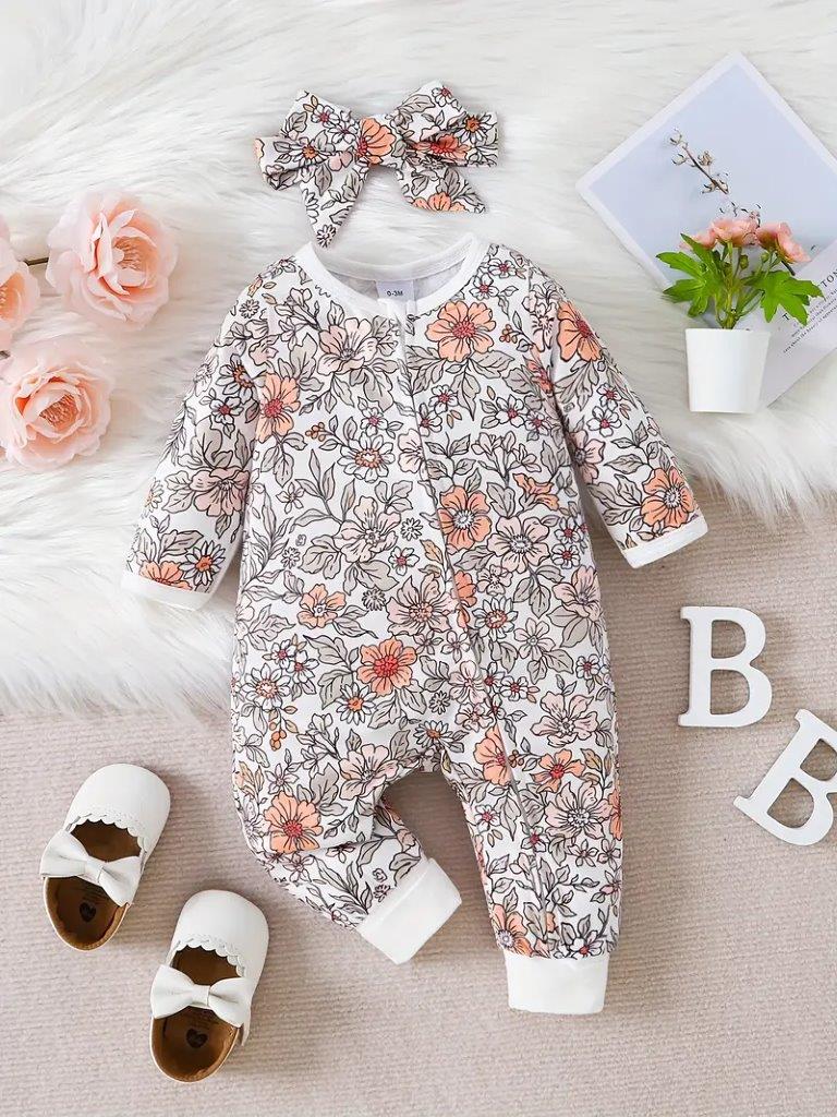 Baby Floral Print Jumpsuit With Headband