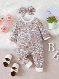 Baby Floral Print Jumpsuit With Headband