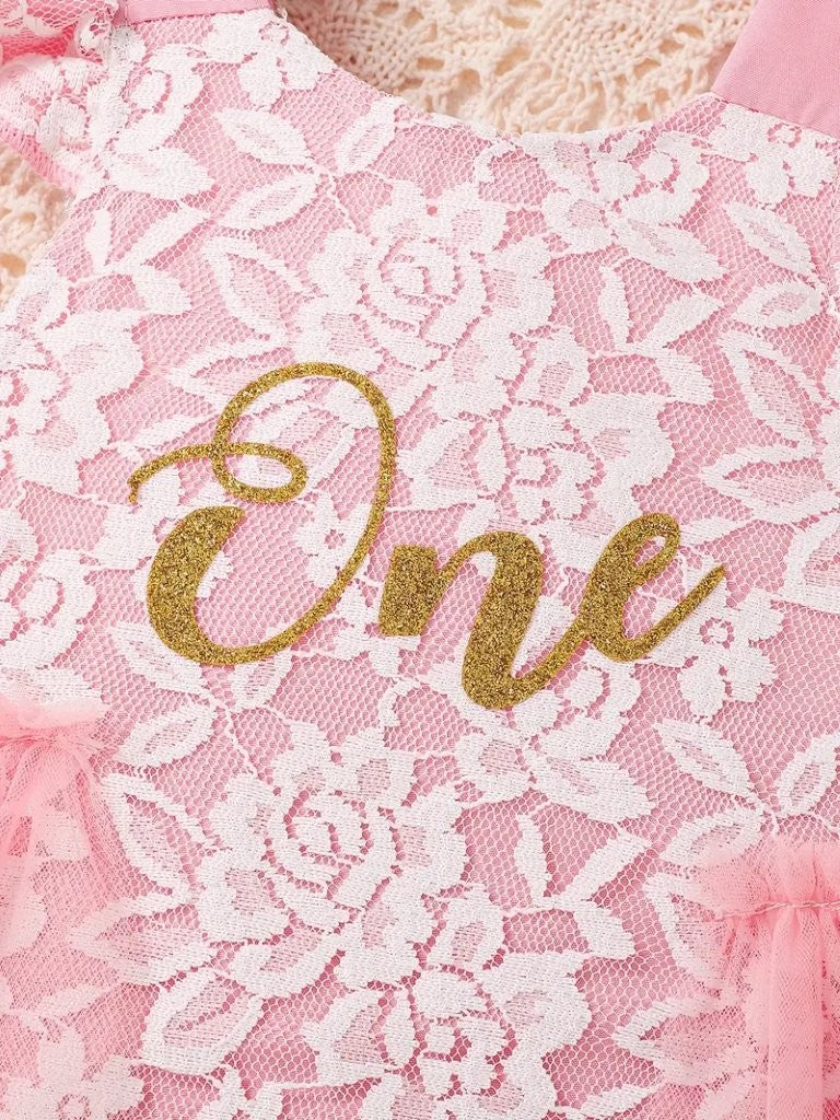 Baby Lace Bow One Year Old Birthday Romper Pink