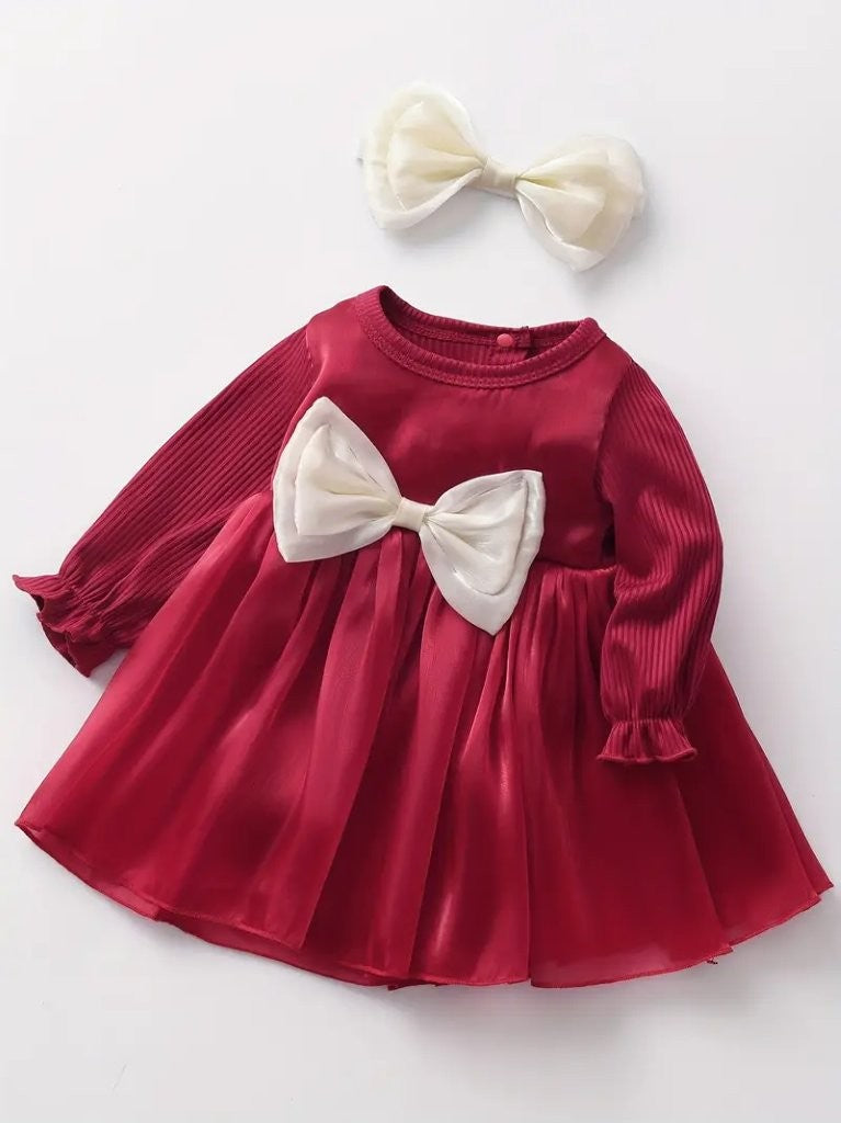 Baby Elegant Silky Bow Dress With Headband