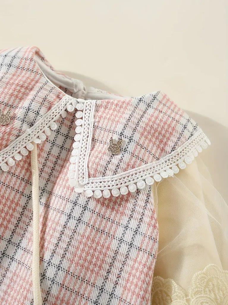 Baby Elegant Plaid Long Sleeve Dress With Bag