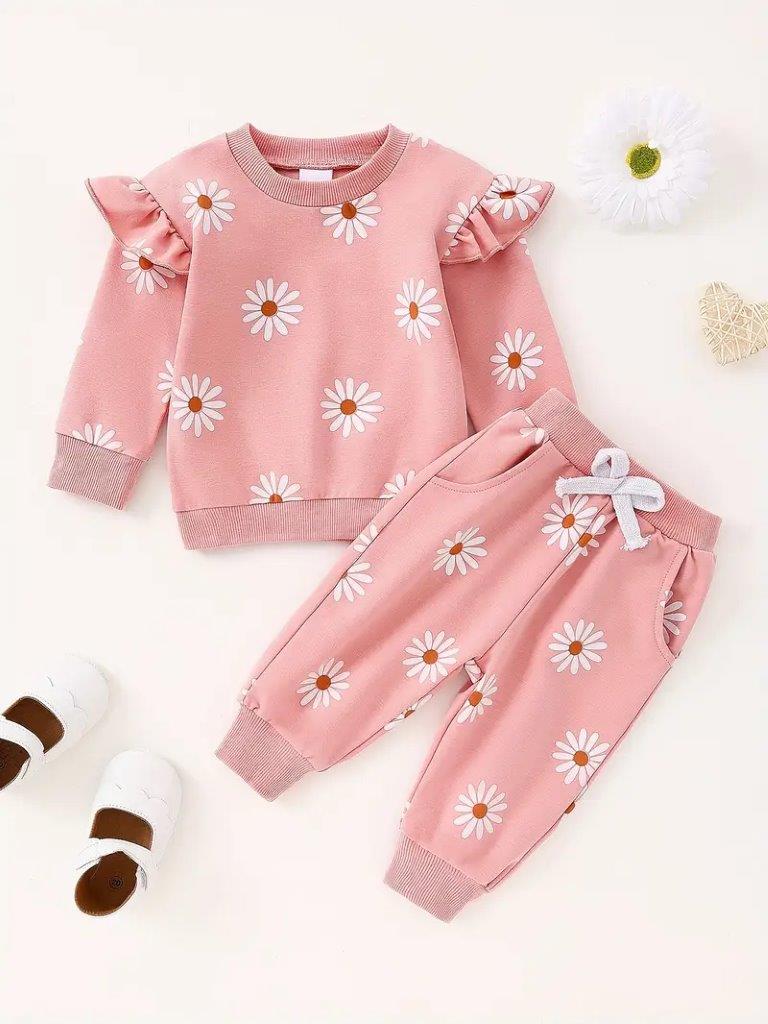 Baby Pink Daisy Ruffle Sleeve Pullover And Pants Set