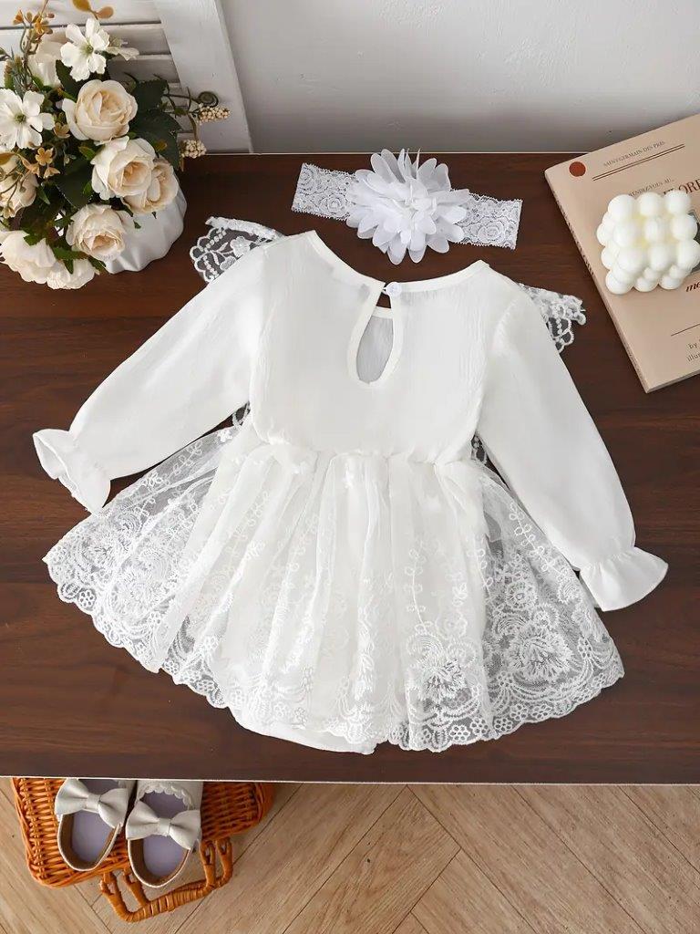 Baby White Embroidered Bow Lace Dress With Headband