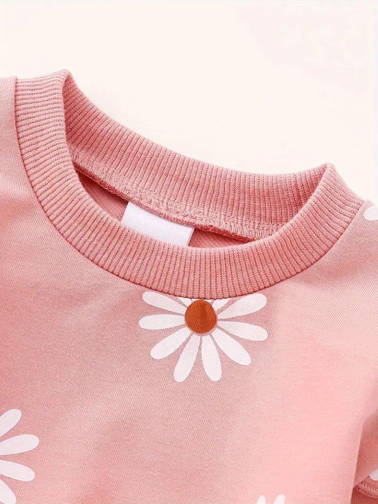 Baby Pink Daisy Ruffle Sleeve Pullover And Pants Set