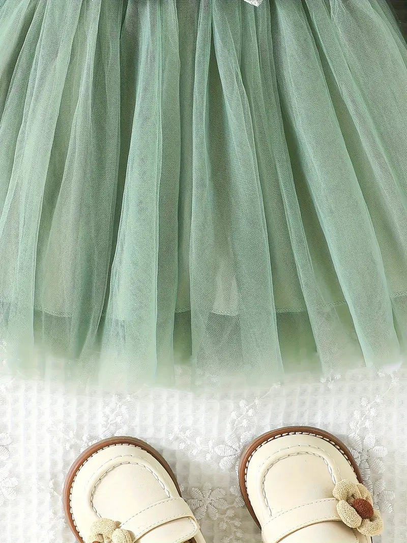 Baby Front Bow Flower Pattern Velvet Dress Green
