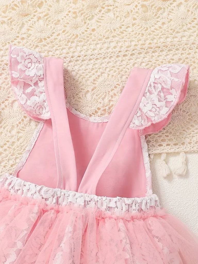 Baby Lace Bow One Year Old Birthday Romper Pink