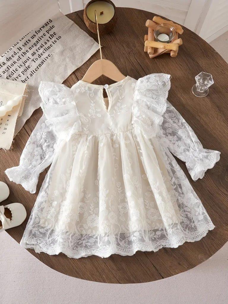 Baby Apricot Floral Embroidery Mesh Dress