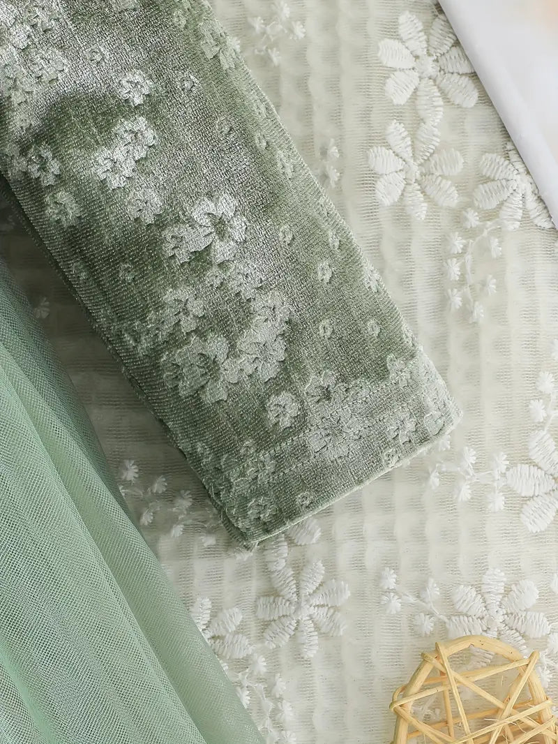 Baby Front Bow Flower Pattern Velvet Dress Green