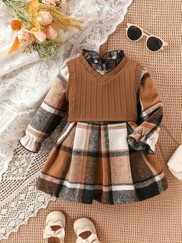 Baby 2 Piece Cozy Vest And Plaid Dress Set
