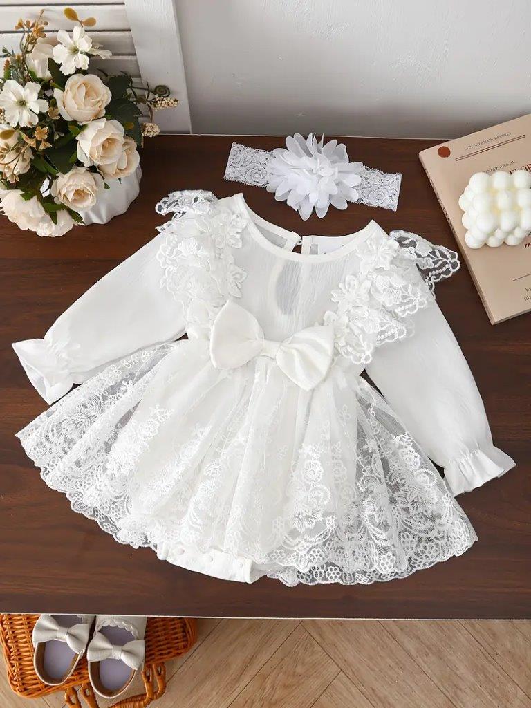 Baby White Embroidered Bow Lace Dress With Headband