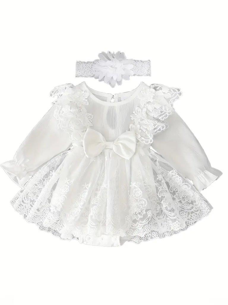 Baby White Embroidered Bow Lace Dress With Headband