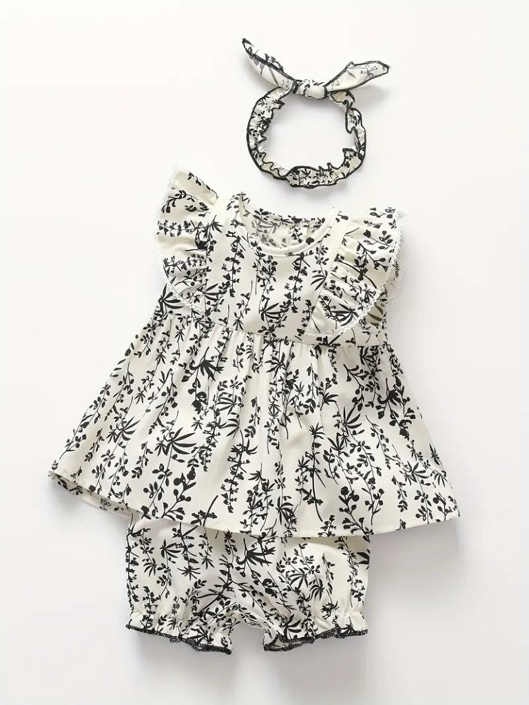 Baby 3 Piece Spring Floral Pattern Dress With Shorts Set
