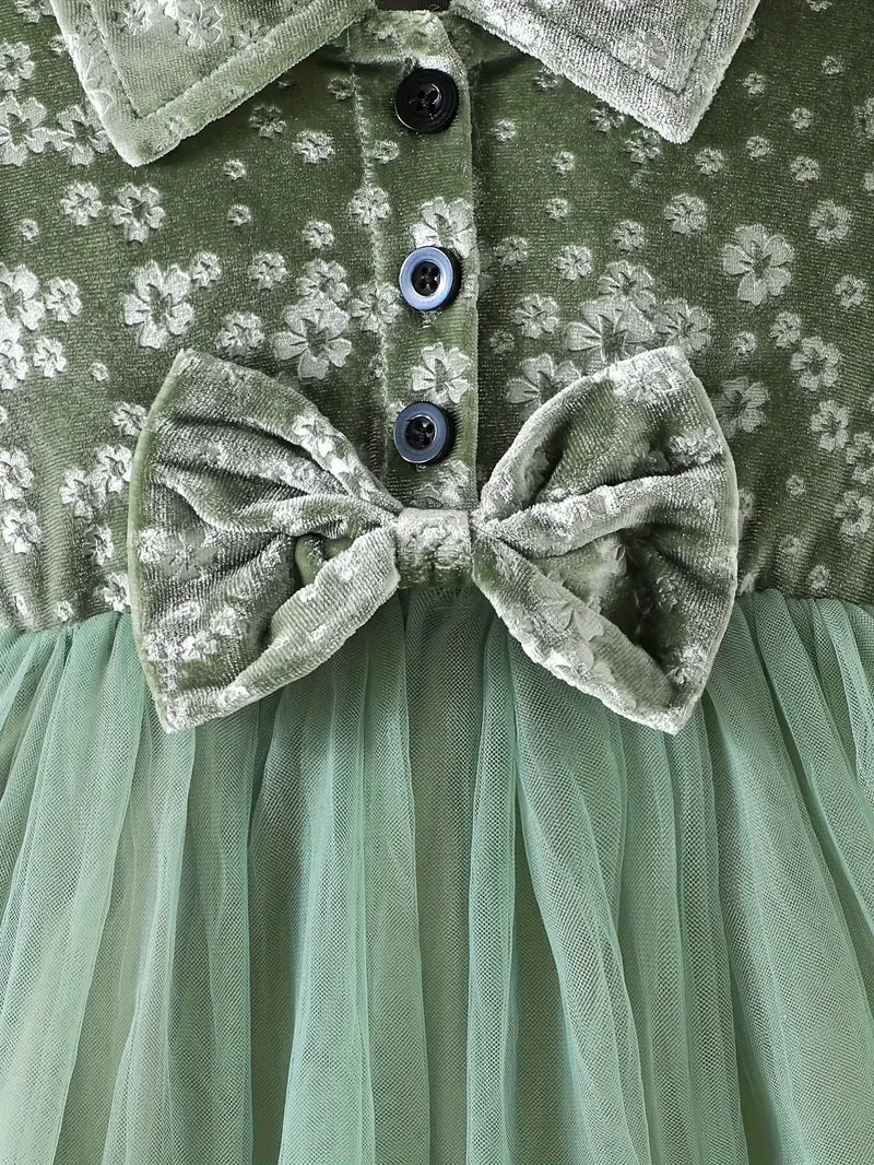 Baby Front Bow Flower Pattern Velvet Dress Green