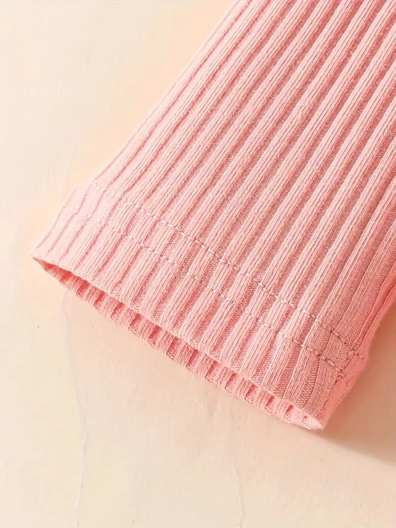 Baby Pink Ribbed Ruffle Bodysuit And Pants Set