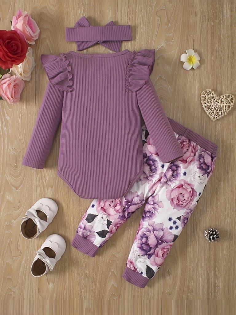 Baby Purple Ruffle Bodysuit And Floral Pants Set