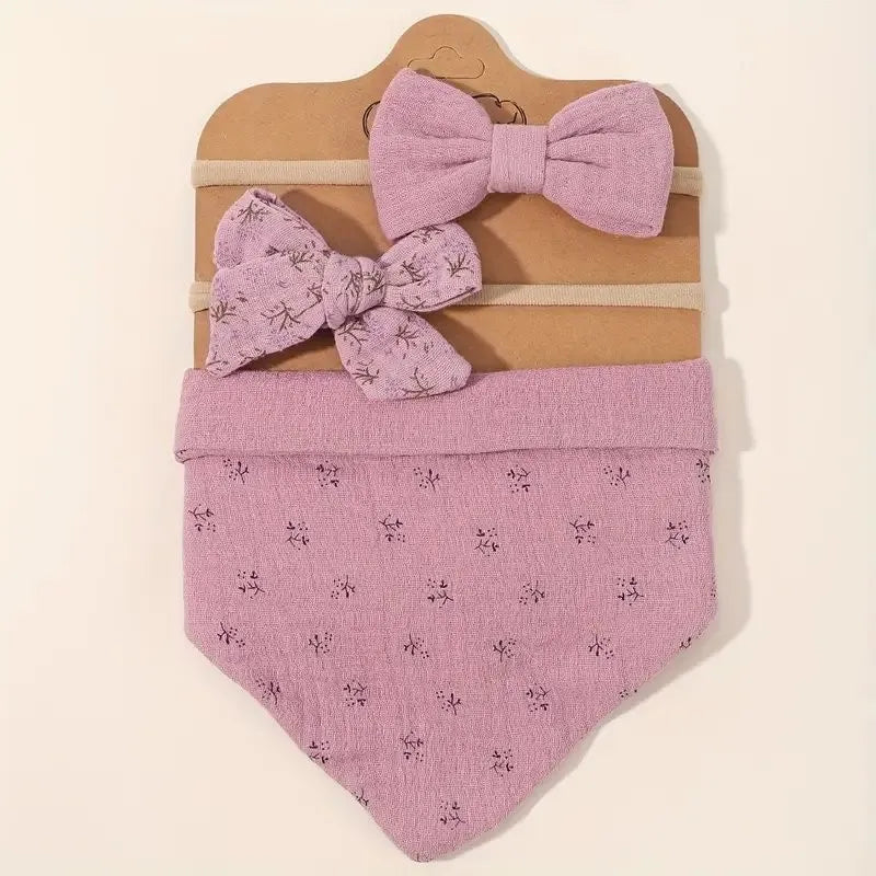 Baby Reversable Bandana Lilac Bib With 2 Piece Headband Set