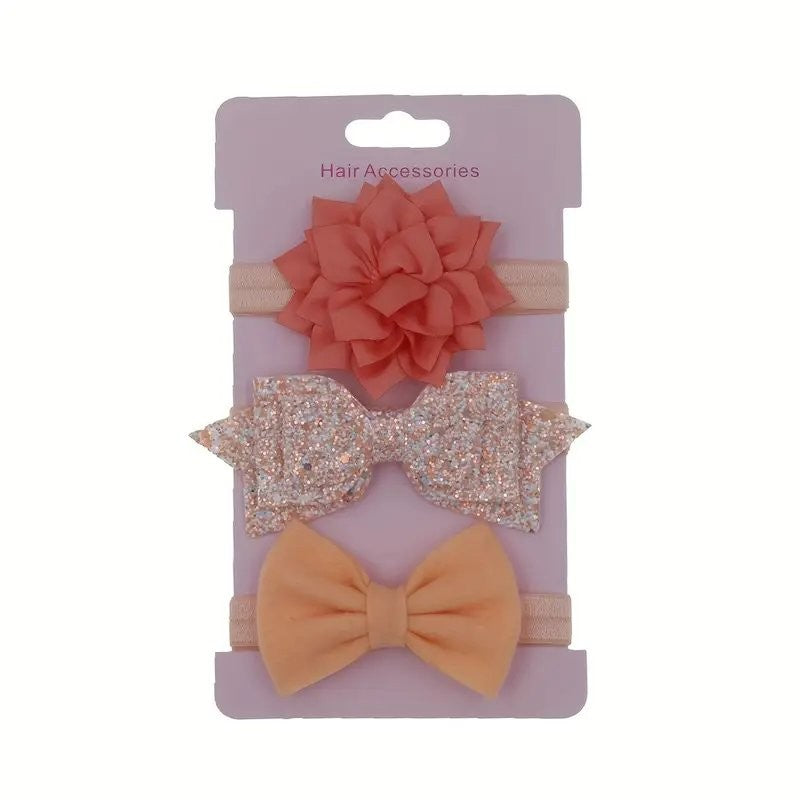 Baby 3 Piece Bow And Flower Headband Set Bud Colour